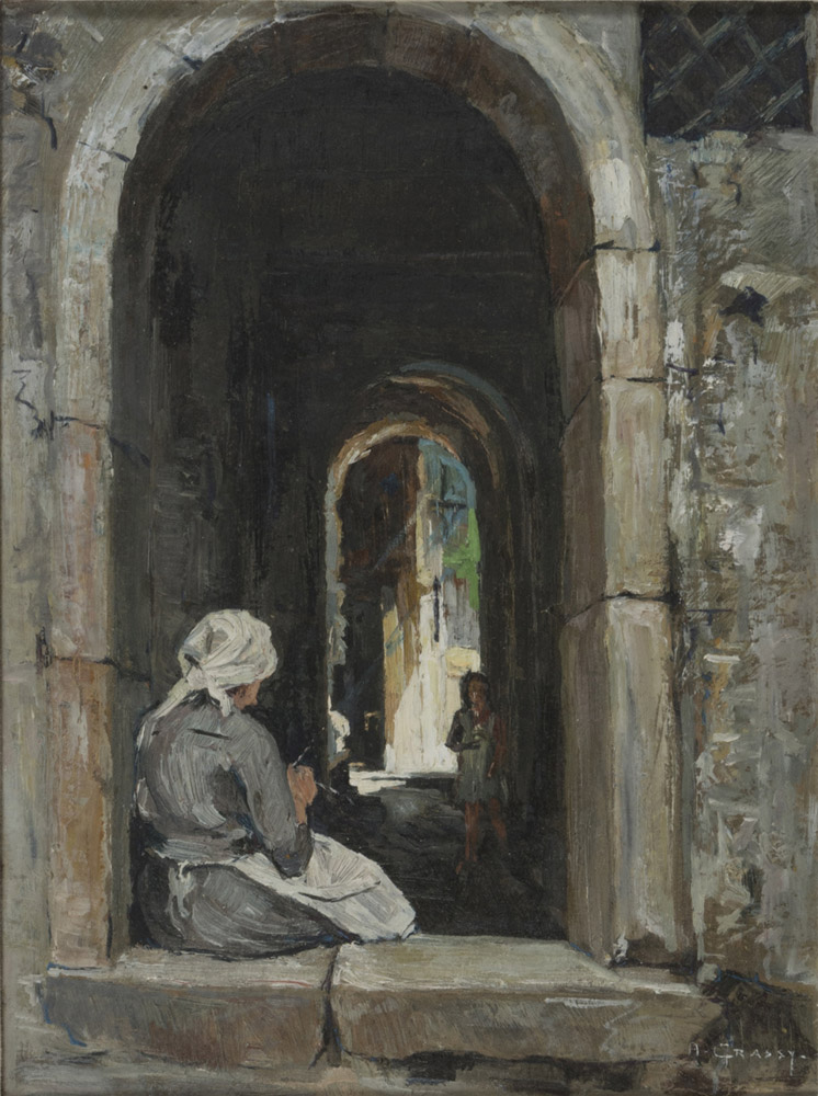 ALFONSO GRASSI (Avellino 1918 - Salerno 2002) SEWING WOMAN UNDER THE ARCADE