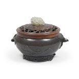 A BRONZE CENSER, WITH WOOD COVER, CHINA 20TH CENTURY.