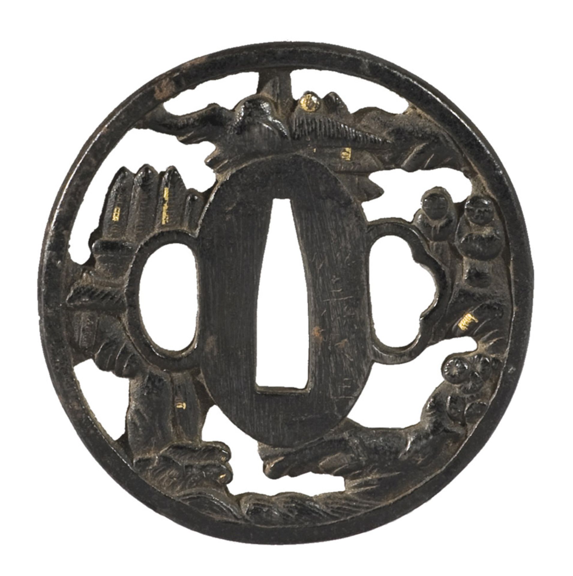 A JAPANESE DECORATED IRON SAMURAI HAND-GUARD OF SWORD, 19TH CENTURY