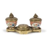 SMALL BRONZE AND PORCELAIN INKWELL, PROBABLY FRANCE LATE 18TH CENTURY