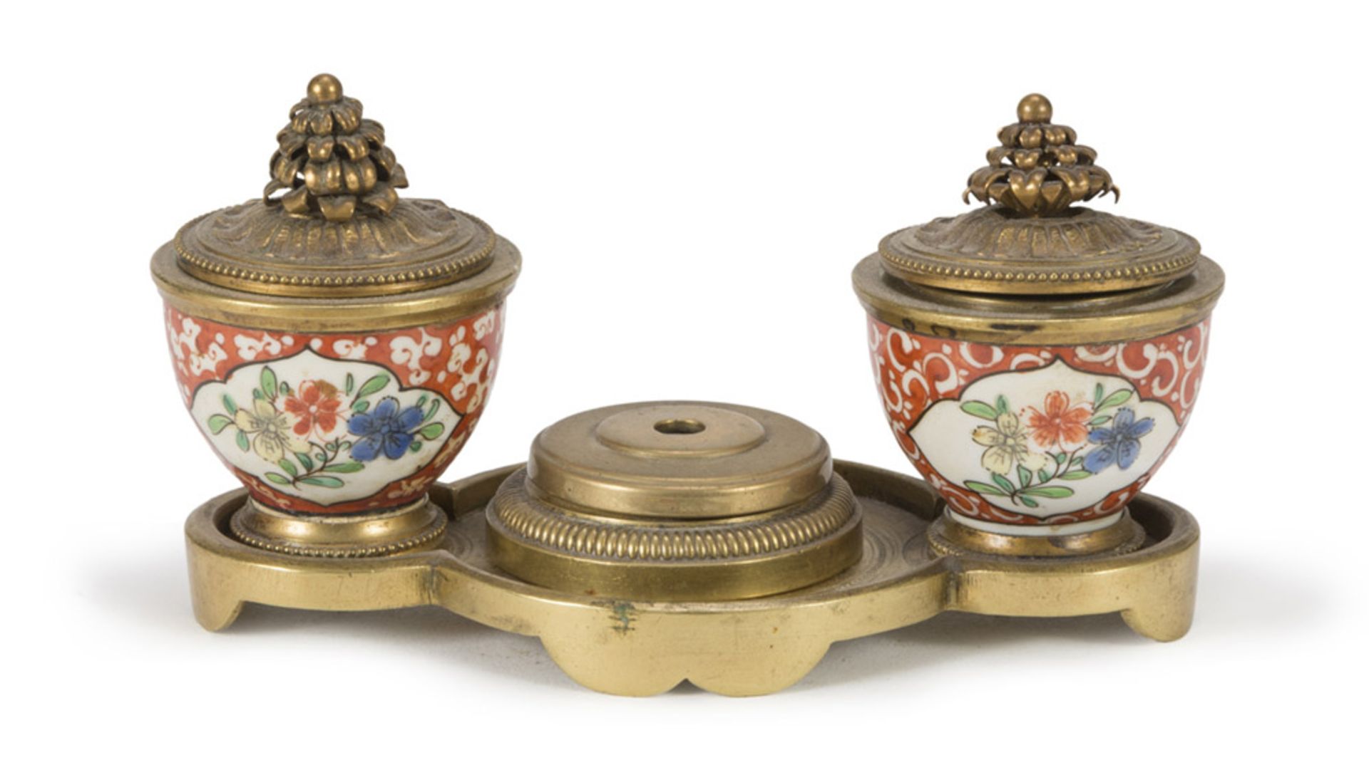 SMALL BRONZE AND PORCELAIN INKWELL, PROBABLY FRANCE LATE 18TH CENTURY