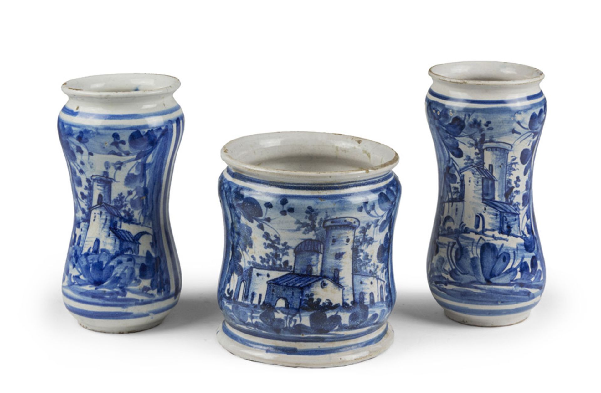 TWO ALBARELLOS AND A PHARMACY VASE IN MAIOLICA, NAPLES FINE 18TH CENTURY