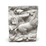 FRAGMENT OF HIGH-RELIEF SCULPTURE IN WHITE STATUARY MARBLE, 19TH CENTURY