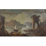 UNKNOWN PAINTER, EARLY 20TH CENTURY LAKE LANDSCAPE WITH FISHERMAN AND RUIN