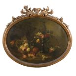 NORTHERN ITALY PAINTER, 19TH CENTURY LANDSCAPE WITH FLOWER BASKET, POMEGRANATES AND CAKESTAND