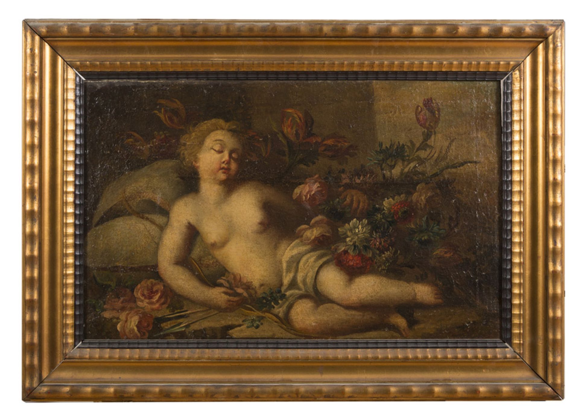 GENOESE PAINTER, END 17TH CENTURY SLEEPING CUPID WITH COMPOSITION OF FLOWERS