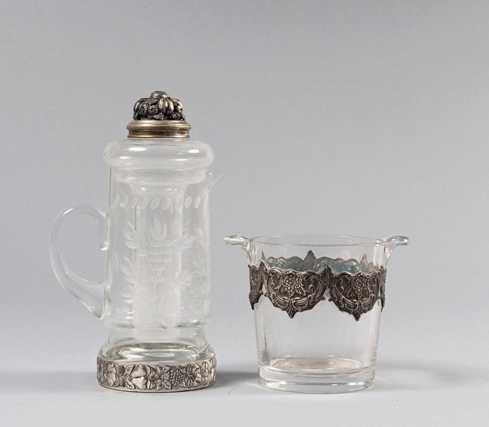 PITCHER AND ICE BUCKET IN CRYSTAL AND SILVER-PLATED METAL, 20TH CENTURY