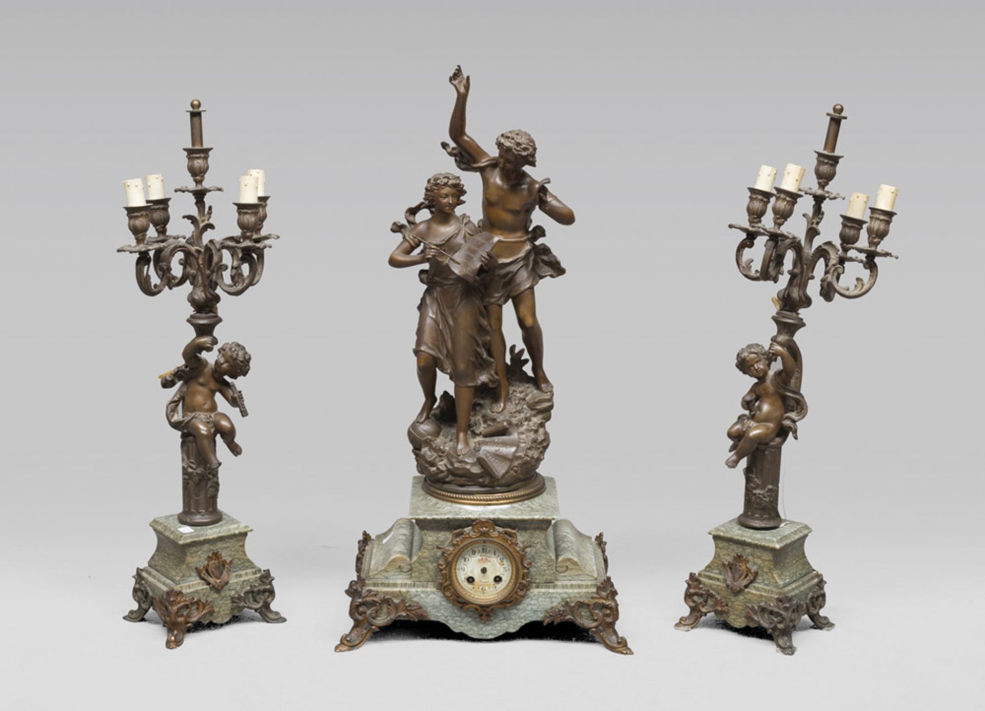 BURNISHED METAL AND MARBLE MANTEL TRYPTIC CLOCK, FRANCE EARLY 20TH CENTURY