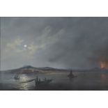 PAINTER NEAPOLITAN 19TH CENTURY NAPLES, FISHERMEN WITH NIGHTTIME ERUPTION OF THE VESUVIUS