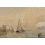 ENGLISH PAINTER, 19TH CENTURY SAILING SHIPS LANDING NEAR A FORTITUDE