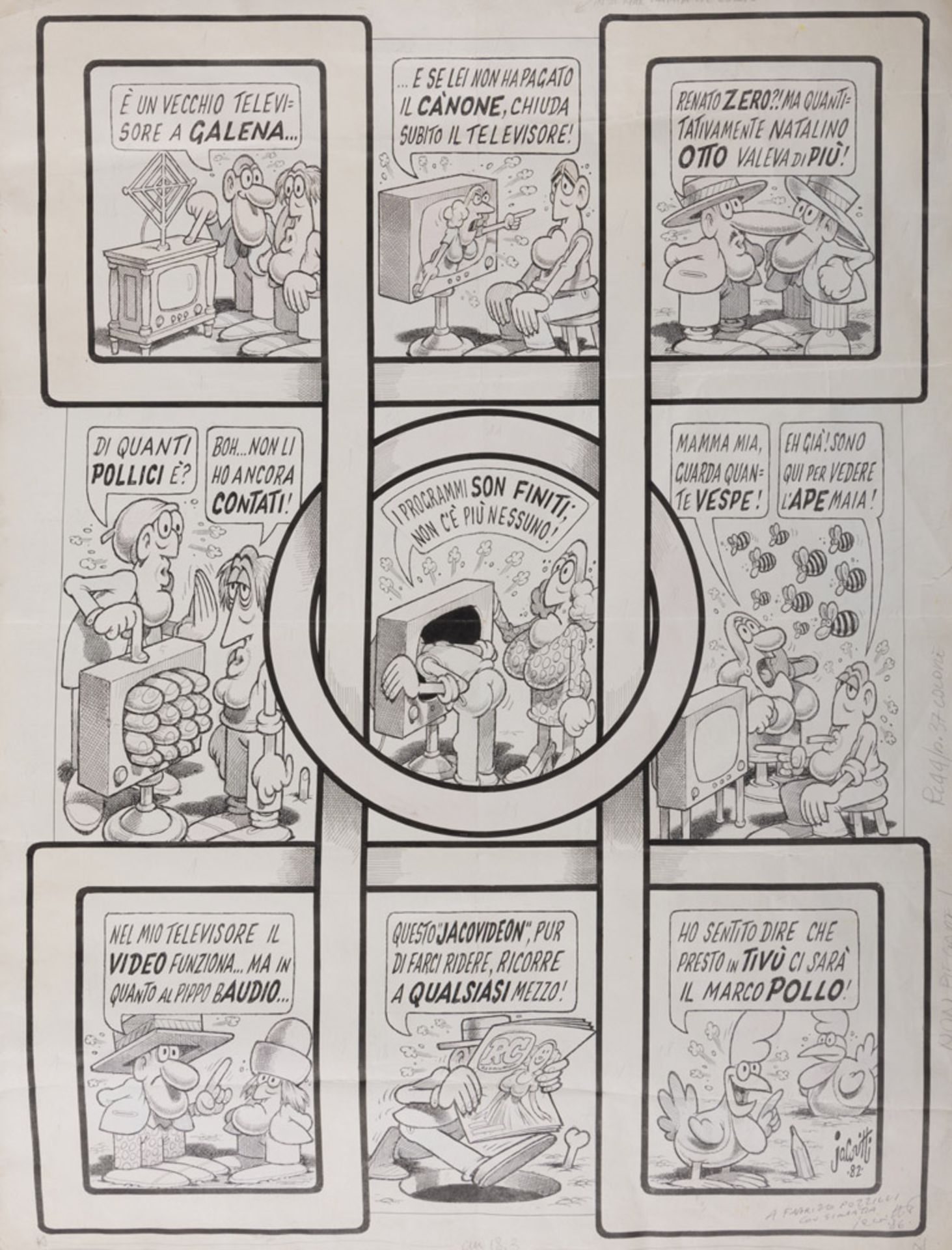 BENITO JACOVITTI (Termoli 1923 - Roma 1997) Fumetto sulla televisione, 1986 Tavola a china a