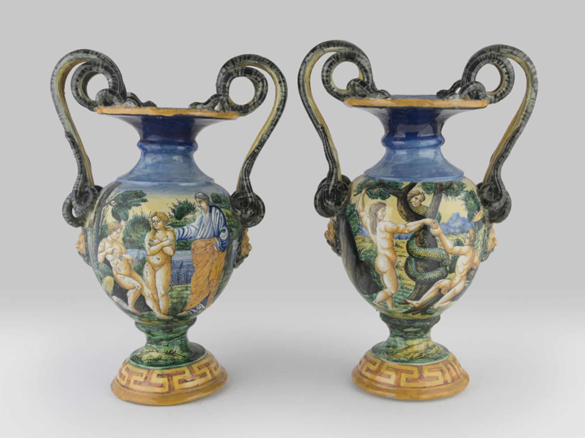 A BEAUTIFUL PAIR OF MAJOLICA VASES – PROBABLY ROMAN CASTLES – EARLY 20TH CENTURY