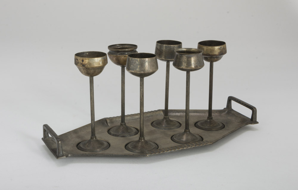 SIX ROSOLIO GLASSES IN PEWTER – PUNCH WMF EARLY 20TH CENTURY