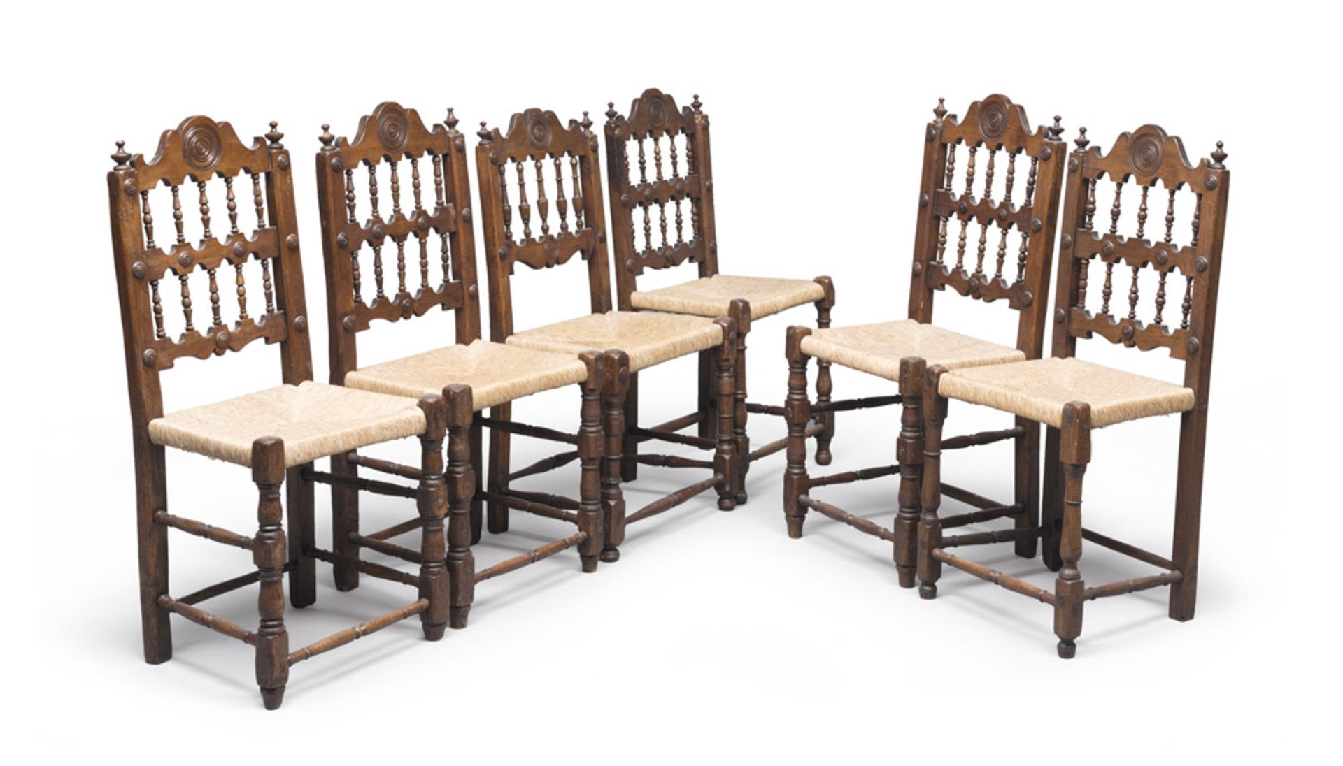 Six walnut-tree chairs with seats in straw – 19th century.
