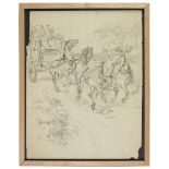 ITALIAN PAINTER, EARLY 20TH CENTURY HORSES CARRYING A CARRIAGE WITH PASSENGERS Pencil on yellow