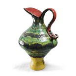 LARGE JUG IN MAJOLICA, VIETRI 1950s green enamal and polychrome. Ribbon handle, bell shaped base