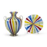 SMALL VASE WITH SAUCER IN MURANO GLASS, 20TH CENTURY decorated with colored bands and inclusion of