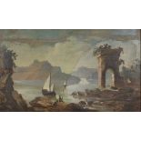 UNKNOWN PAINTER, EARLY 20TH CENTURY Lake landscape with fisherman and ruin Oil on panel, cm. 71 x