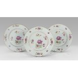 THREE PORCELAIN DISHES, EAST INDIA COMPANY 19TH CENTURY white, lilac and polychrome enamel decorated