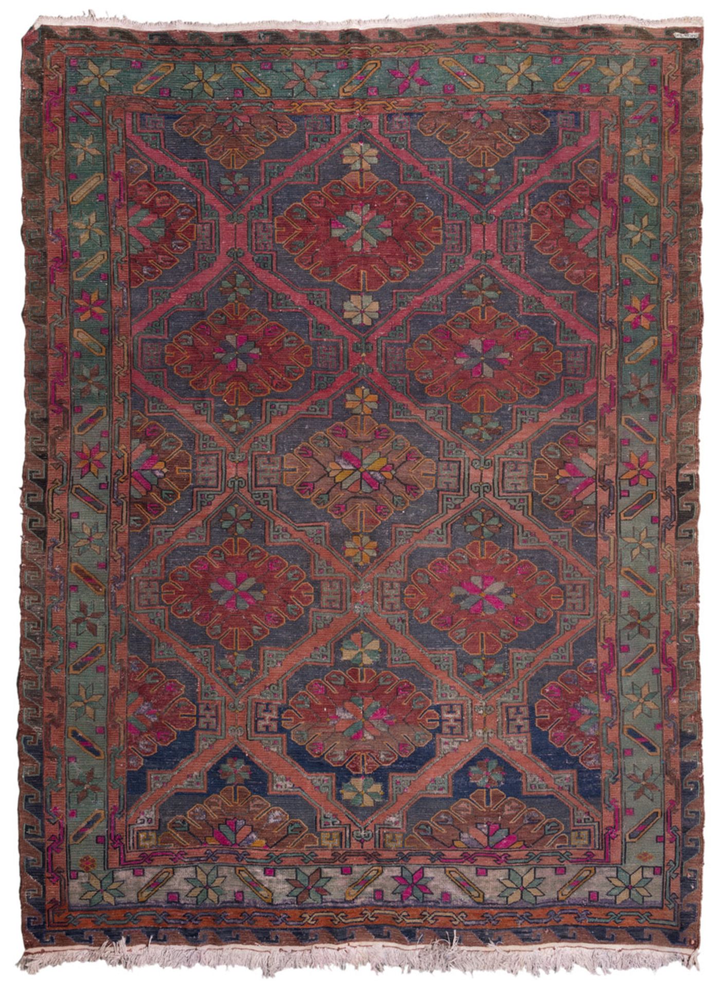 RARE SOUMAK CARPET, EARLY 20TH CENTURY with rhomboidal medallions to flowers in sequence, in the