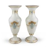 A PAIR OF OPALINE VASES, EARLY 20TH CENTURY of milk white ground, with polycrome vegetable