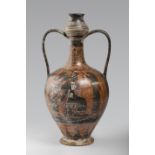 ETRUSCAN STYLE AMPHORA, EARLY 20TH CENTURY in clay and black, red and white varnish. Tall neck