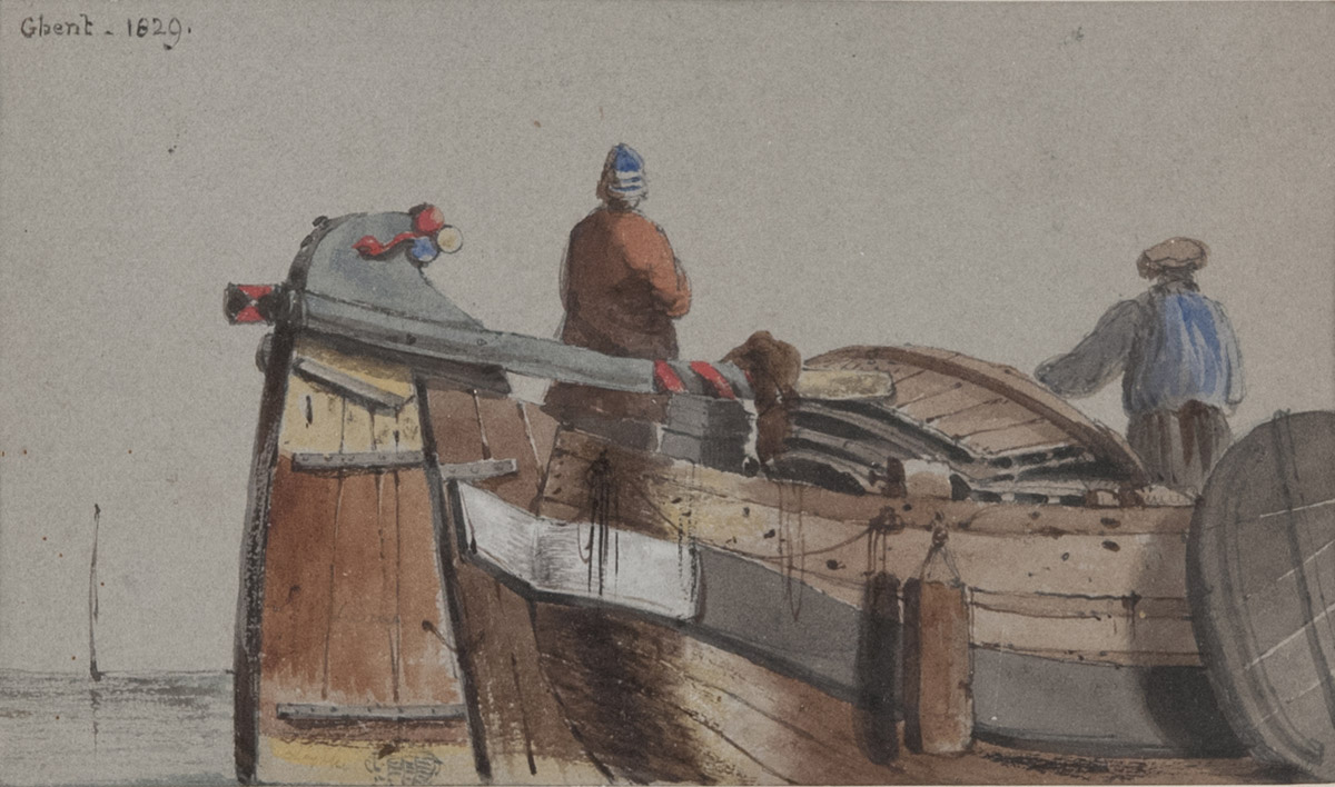 DUTCH PAINTER, 19TH CENTURY BOAT WITH FISHERMEN Water-color on paper, cm. 10 x 18 Signed 'Ghent