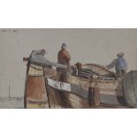 DUTCH PAINTER, 19TH CENTURY BOAT WITH FISHERMEN Water-color on paper, cm. 10 x 18 Signed 'Ghent