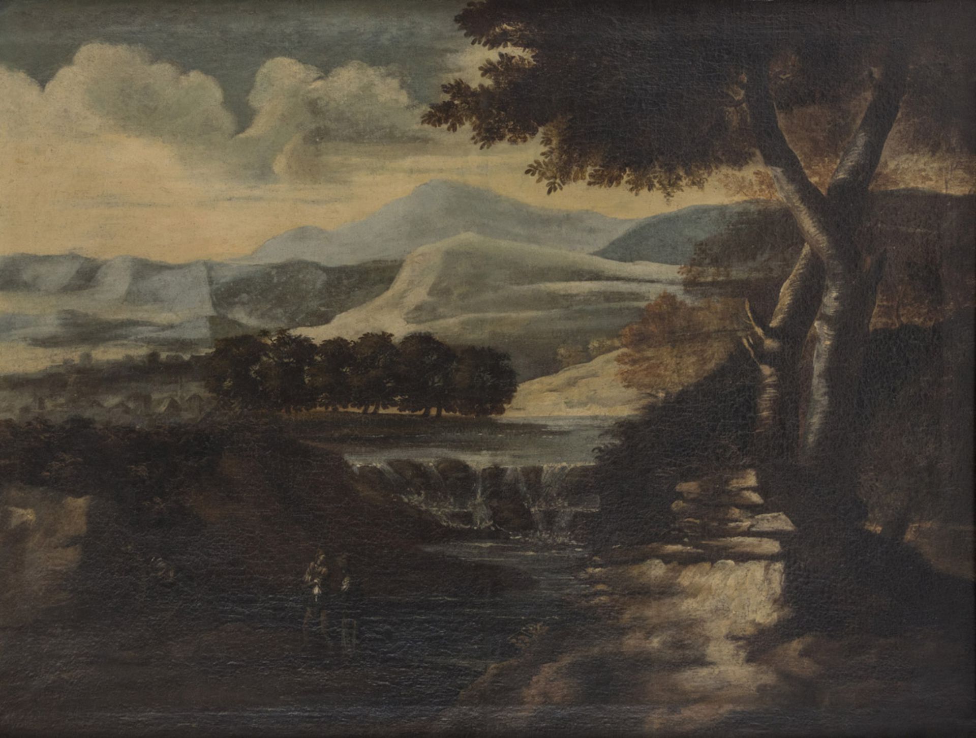 ROMAN PAINTER, SECOND HALF OF THE 17TH CENTURY River landscape with fishermen Oil on canvas, cm.