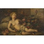 GENOESE PAINTER, END 17TH CENTURY Sleeping Cupid with composition of flowers Oil on canvas, cm. 44 x