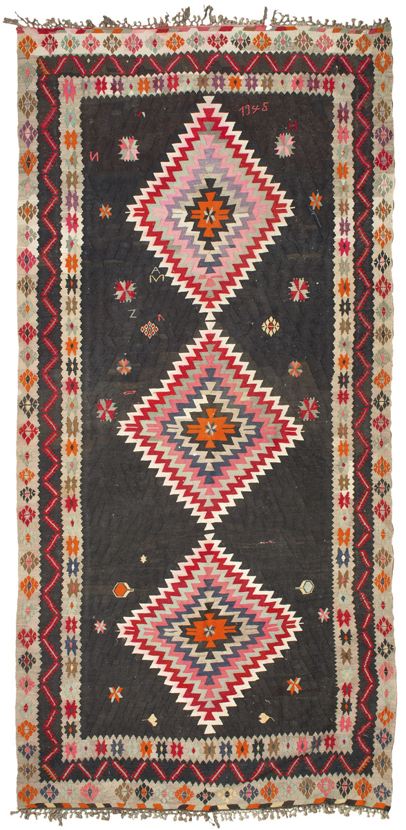 A CAUCASIAN KILIM CARPET, DATED 1945. Measures cm. 370 x 184. RARO TAPPETO KILIM CAUCASICO, DATATO