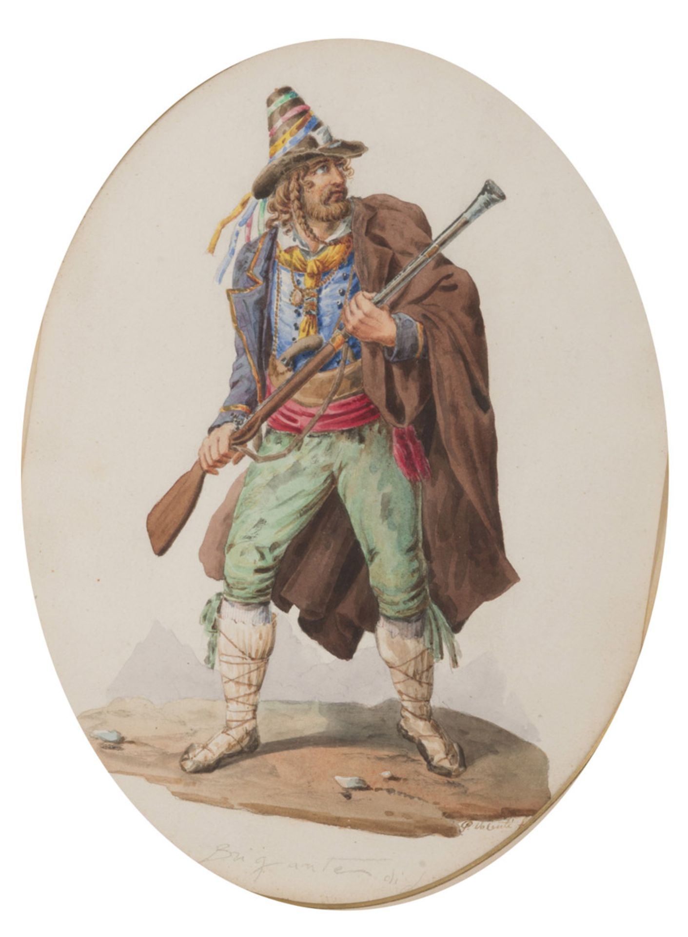 ITALIAN PAINTER, 19TH CENTURY BRIGAND BRIGAND CANTER Three watercolors on oval paper, cm. 24 x 19