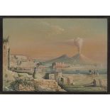 NEAPOLITAN PAINTER, 20TH CENTURY Smoking Vesuvius, Gulf of Naples Gouache, cm. 30 x 45 Gilded