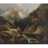 RUDOLF VOLMAR (Berna 1804 - Besançon 1846) Alpine landscape with brook and shepherds Oil on