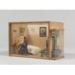 GLASS CASE WITH MODEL INSIDE , NAPLES EARLY 20TH CENTURY with figures in wax and furnishes in