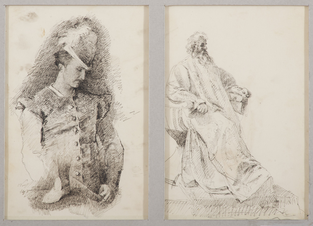 LUIGI BRIZZOLARA (Chiavari 1868 - Genoa 1937) Figures in sixteenth-century dresses Two ink on - Image 2 of 2