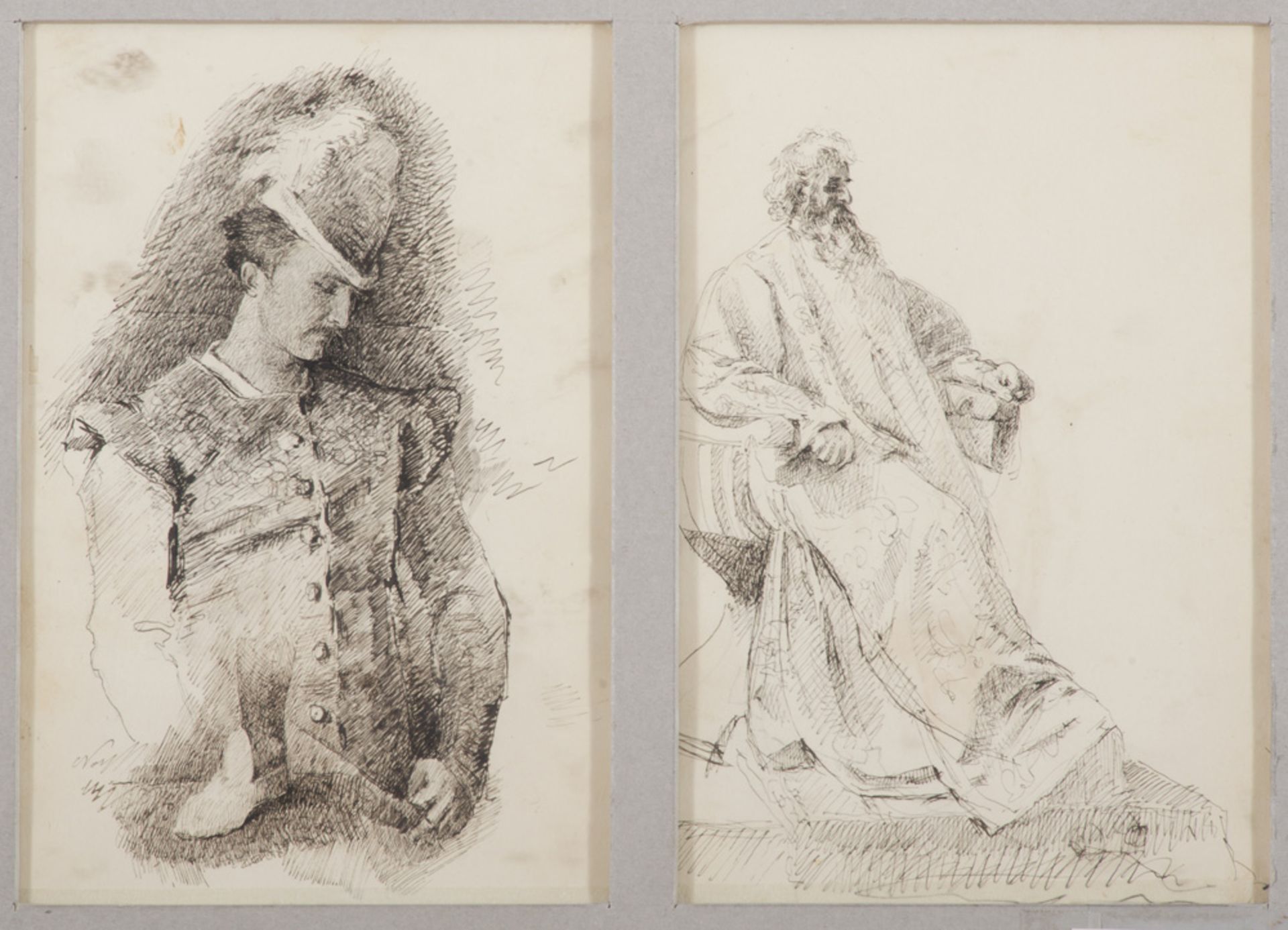 LUIGI BRIZZOLARA (Chiavari 1868 - Genoa 1937) Figures in sixteenth-century dresses Two ink on - Bild 2 aus 2