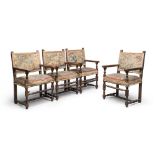 FOUR RARE ARMCHAIRS IN WALNUT, ITALY CENTRAL 17TH CENTURY with Aubousson upholstery decorated with