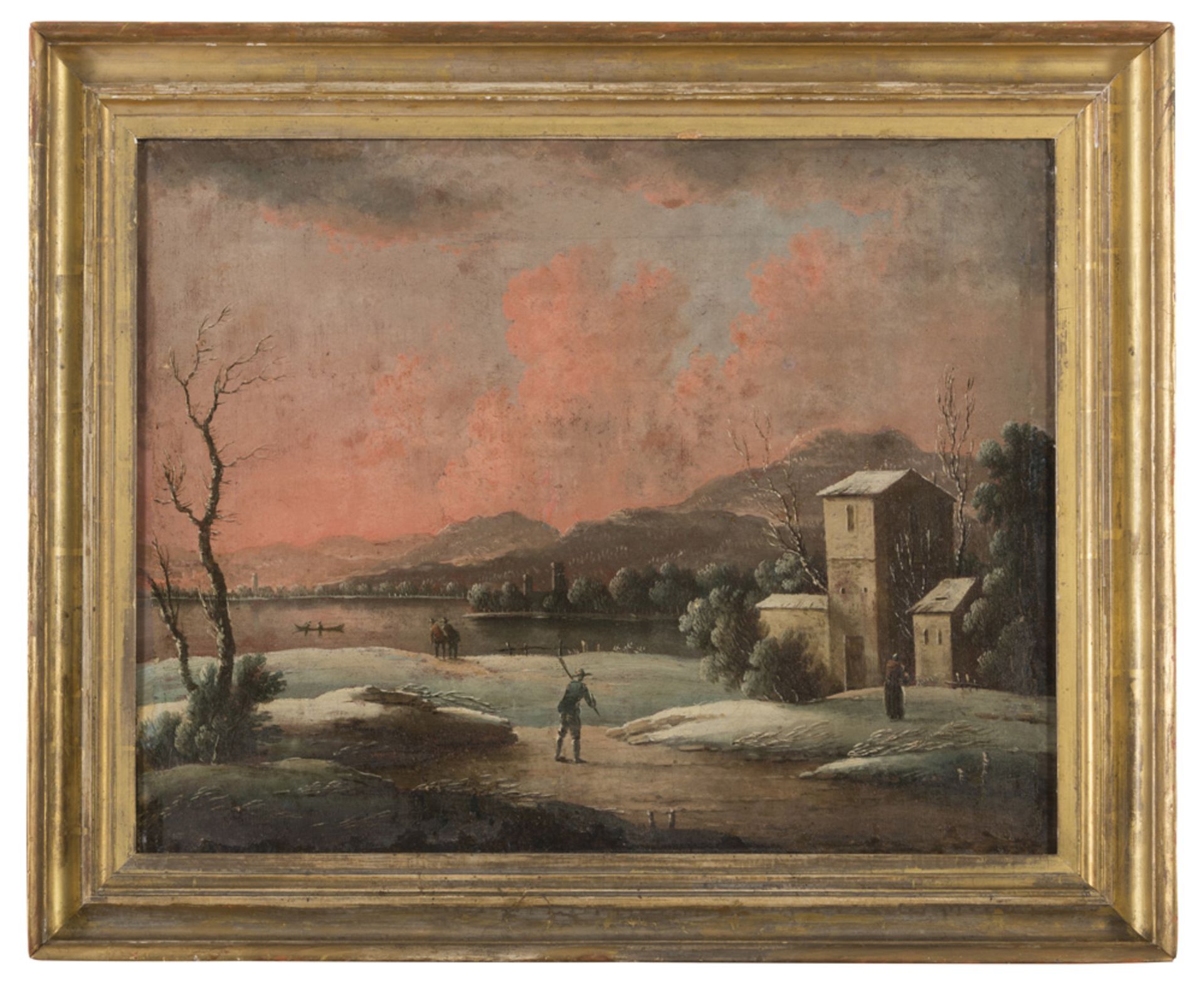 NORTHERN ITALY PAINTER, 18TH CENTURY WINTER LANDSCAPE WITH FIGURES Oil on canvas, cm. 42 x 54 Gilded