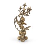 CHANDELIER IN GILTWOOD, 20TH CENTURY of Baroque taste, sculpted to figure of child that supports a