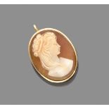 BROOCH WITH CAMEO mount in yellow gold 18 kts., oval shape, representing female profile. Length