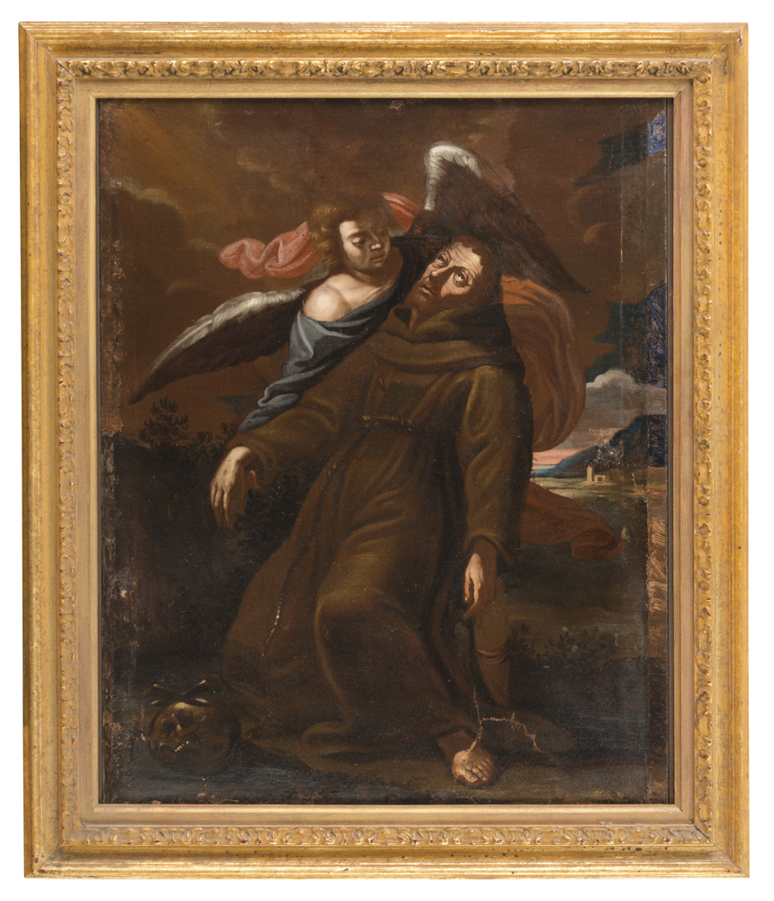 BOLOGNESE PAINTER, 17TH CENTURY ST. FRANCIS SUPPORTED BY THE ANGEL Oil on canvas, cm. 65 x 51 Gilded