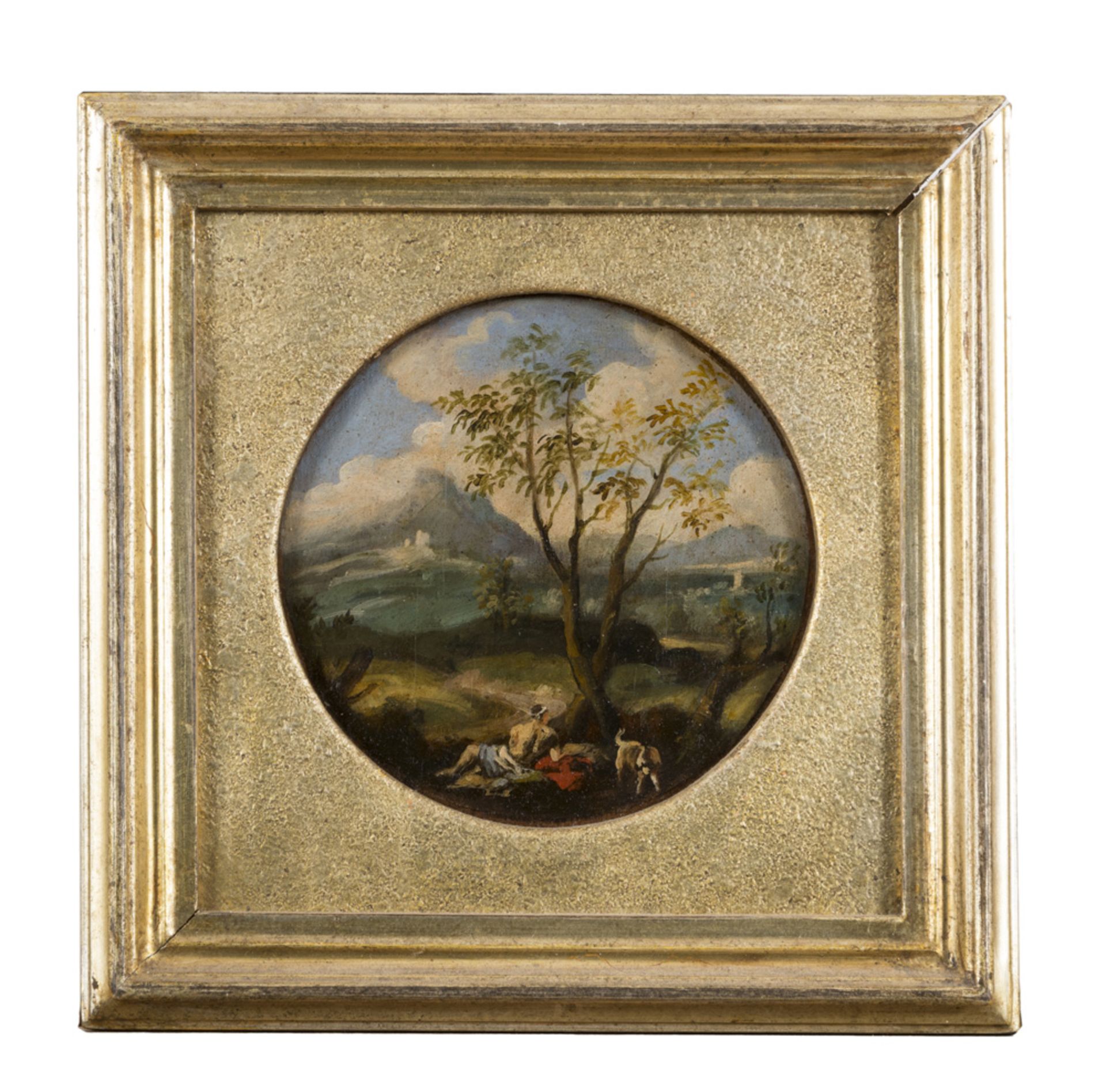 ITALIAN PAINTER, 19TH CENTURY LANDSCAPE WITH RESTING SHEPHERD Round oil on cardboard, diameter cm.