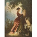 ITALIAN PAINTER, LATE 19TH CENTURY CLORINDA CARVES THE TRUNK Oil on board, cm. 22 x 17 Unsigned