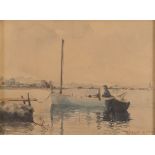 ALBERT RAYBAUD (Late 19th - early 20th century) LANDSCAPE WITH BOAT AT THE WHARF Watercolour on