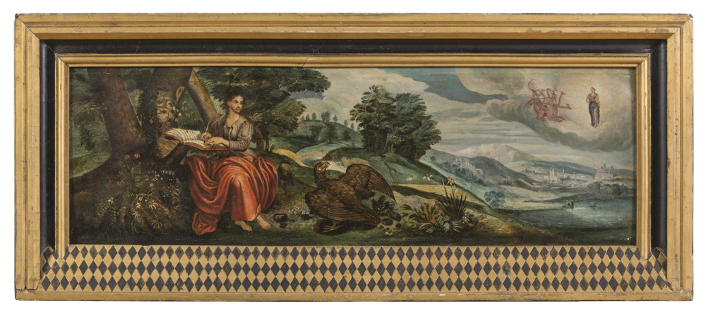 FLEMISH PAINTER EARLY 17TH CENTURY THE VISION OF ST. JOHN OF PATMOS Oil on panel, cm. 18 x 59