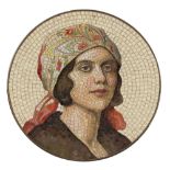 ITALIAN ARTIST, ART NOUVEAU PERIOD WOMAN'S FACE WITH COLORED BONNET Polychrome mosaic, diameter