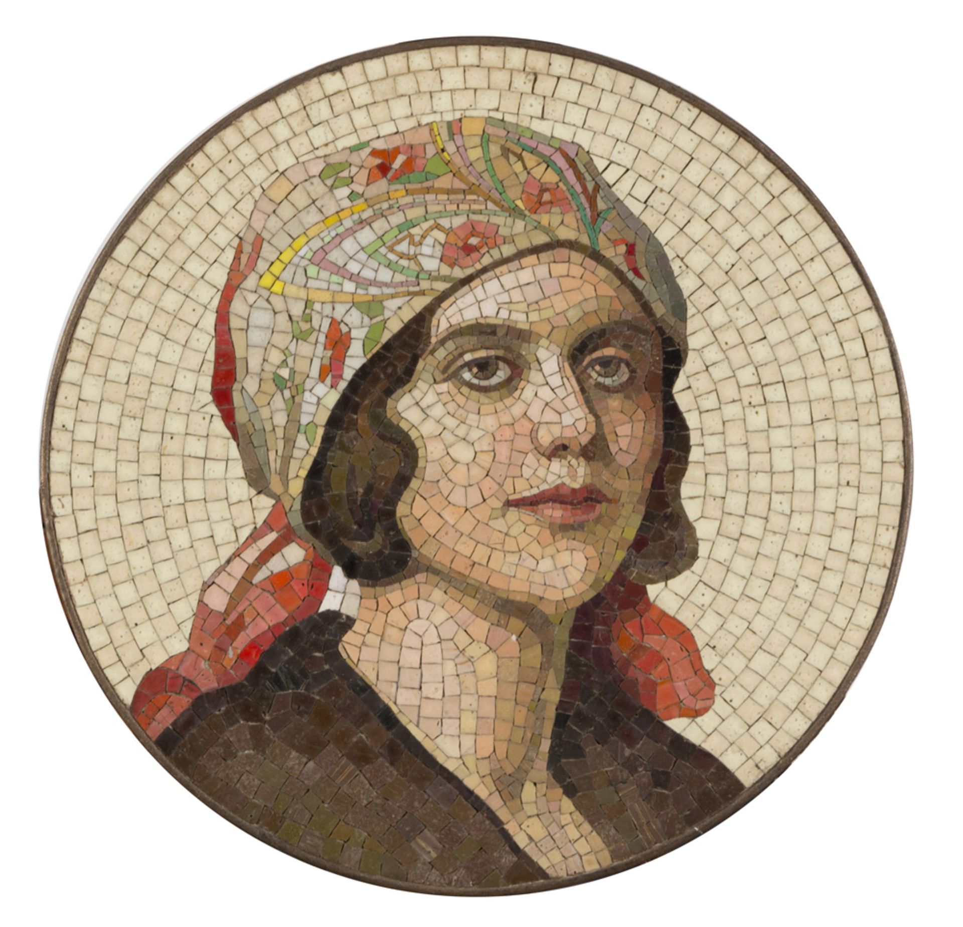 ITALIAN ARTIST, ART NOUVEAU PERIOD WOMAN'S FACE WITH COLORED BONNET Polychrome mosaic, diameter