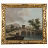 ROMAN PAINTER, END 18TH CENTURY VIEW OF THE ROMAN COUNTRYSIDE WITH BRIDGE Oil on canvas, cm. 57 x 64