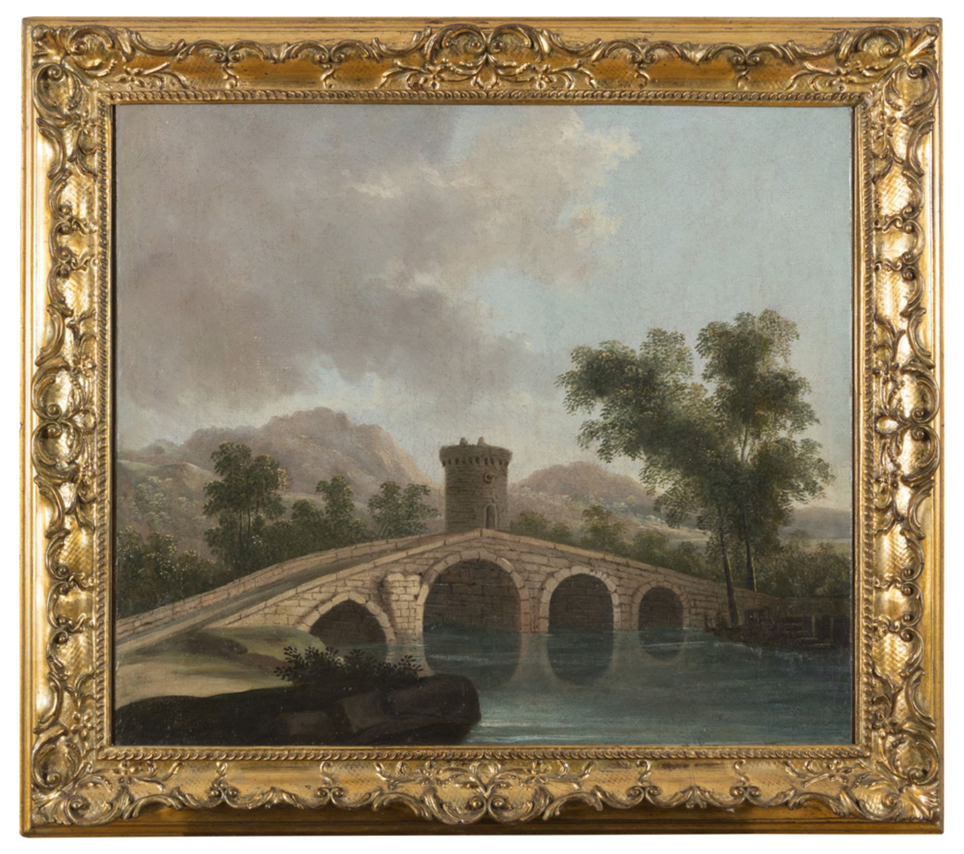 ROMAN PAINTER, END 18TH CENTURY VIEW OF THE ROMAN COUNTRYSIDE WITH BRIDGE Oil on canvas, cm. 57 x 64